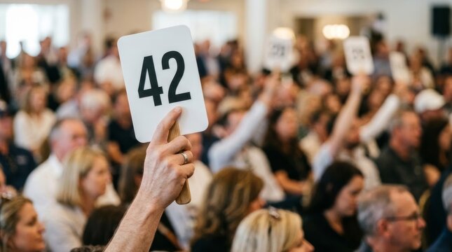 Auction paddle number 42 held up by a hand among focused bidders in a bright room, symbolizing bidding and participation