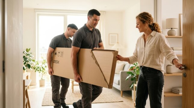 Movers Carry Flat-Pack Desk Box into Modern Apartment Living Room, Welcomed by Homeowner