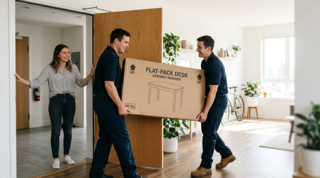 Movers Carry Flat-Pack Desk Box Into Bright Apartment as Woman Welcomes Delivery, Contemporary Home Office Setup
