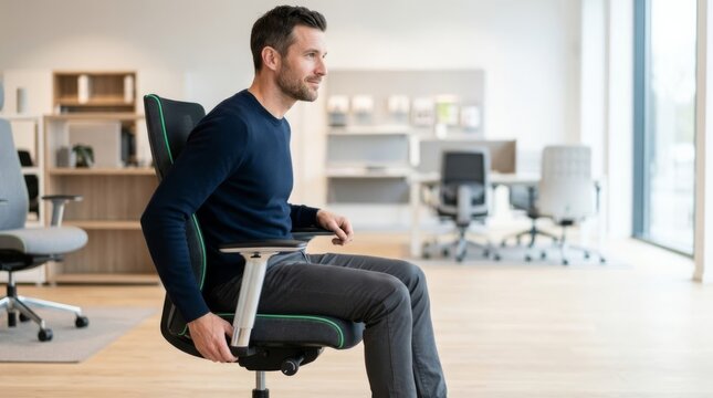 Man testing an ergonomic office chair in a modern showroom, focusing on comfort and adjustability
