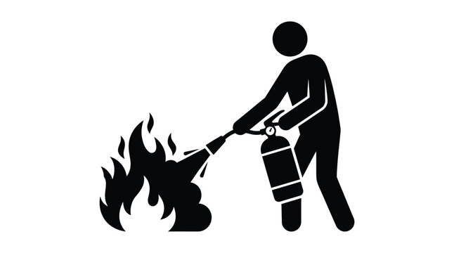 Firefighter extinguishing flames with extinguisher black silhouette on white