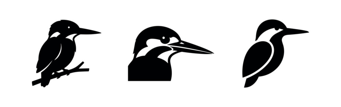 Three stylized black kingfisher bird silhouettes and head