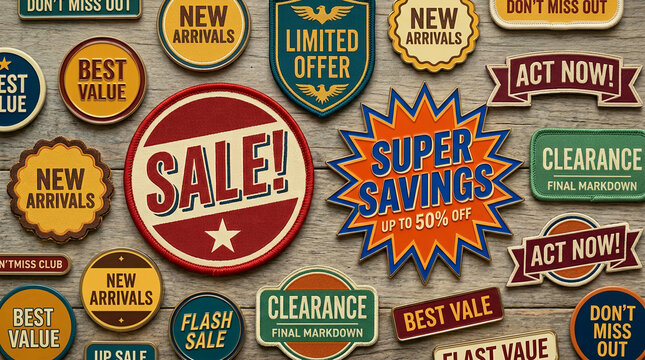 Various sale and discount badges, including "Sale", "Super Savings", "Clearance", and "New Arrivals", symbolizing shopping promotions and special offers on a wooden background.