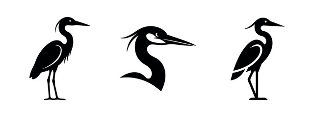 Obraz premium Heron bird silhouette set. Ardeidae family icon. Marsh bird, waterfowl vector illustration with different views.