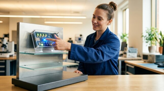 Technician's hand interacts with illuminated electronic prototype in a modern lab, showcasing innovation and technology development