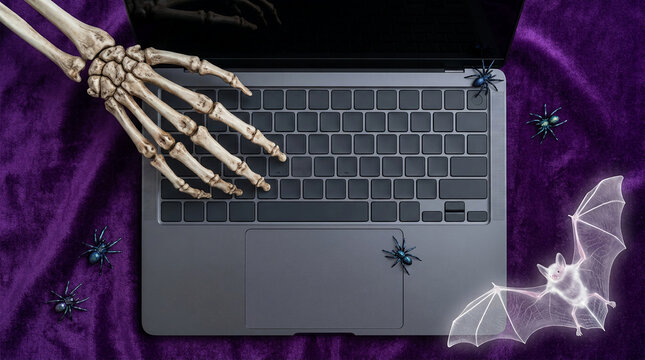 Skeletal hand, spider and bat on laptop over purple velvet, symbolizing Halloween and fright.