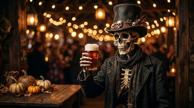 A skeleton in a top hat raises a beer in a dimly lit pub, surrounded by pumpkins and festive lights, symbolizing Halloween or a themed event.