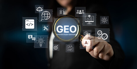 Obraz premium Digital marketing concept featuring GEO strategy, optimizing content for AI search engines and large language models. Evolution of SEO, brand authority, and AI citation visibility. Corpus