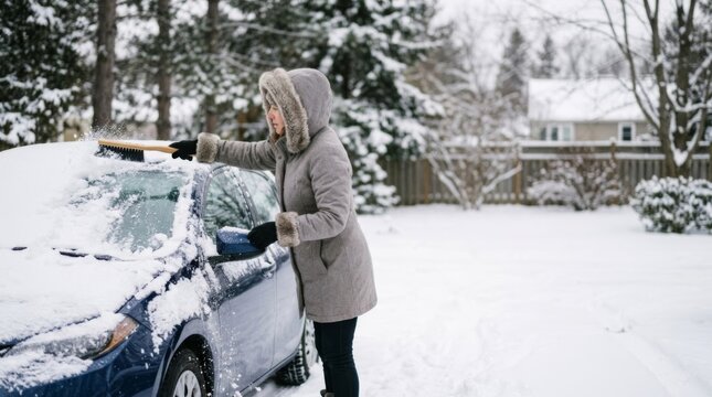 Woman brushing snow off car windshield in winter yard with trees and house, bright daytime lighting