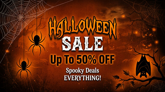 A spooky Halloween sale banner featuring spiders, bats, and pumpkins, symbolizing festive deals and a scary discount of up to 50% off everything