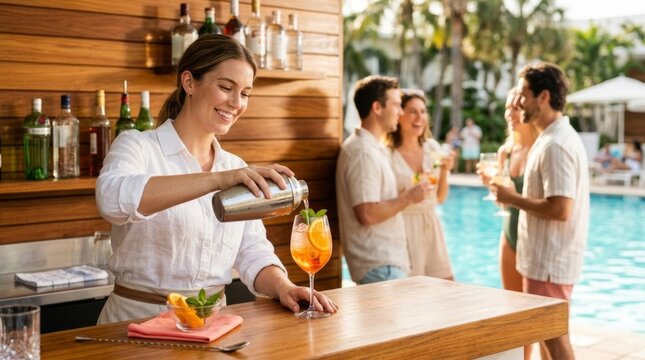Smiling bartender pours a colorful spritz cocktail by a resort pool with guests enjoying drinks in warm sunlight