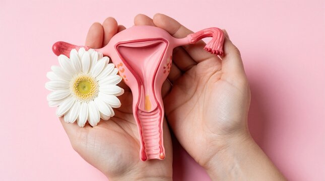 Woman hands hold pink uterus model, white gerbera flower against pink background. Concept for gynecologist health care, cervix cancer awareness, reproductive system education, female fertility, women