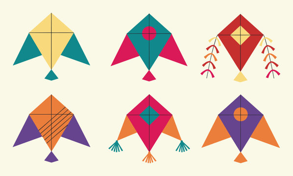 Set of six colorful flat vector kites with geometric patterns and decorative tails for spring festival activities