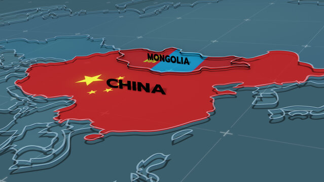 A stylized 3D political map highlighting Mongolia, and CHINA MAP, Mongolia map, 