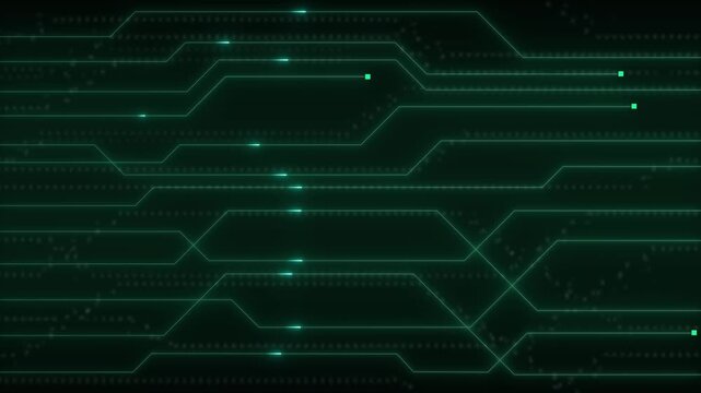 Circuit board pattern animation shows active data points. Motherboard hardware data routes across the pattern. Electronic processor systems drive circuit board pattern.