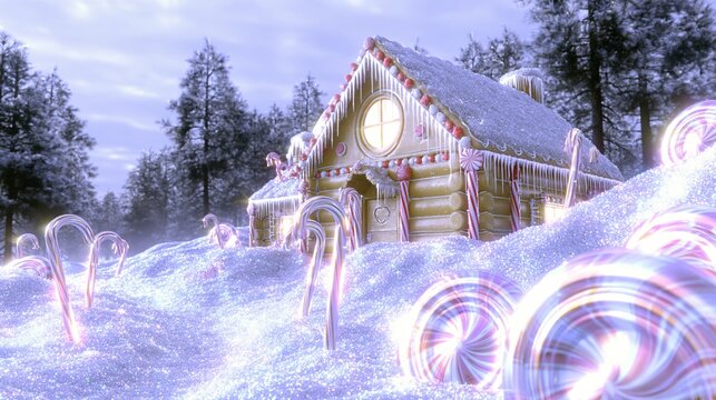 Snowy gingerbread cottage stands behind giant peppermint candy in a glowing winter landscape