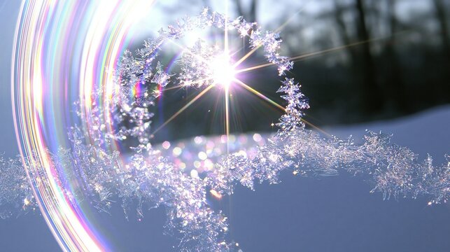 Sparkling icy arc curves around bright winter light above textured snow surface