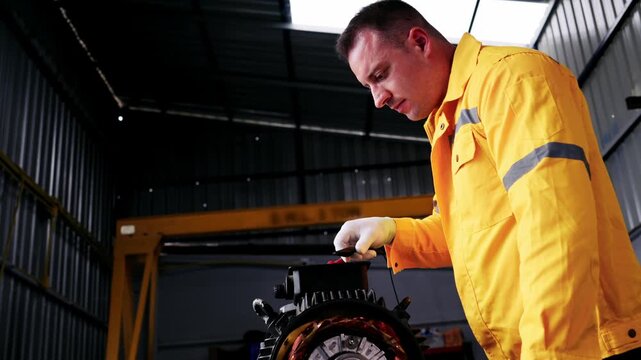 Professional technician inspecting engine part with concentration garage, checking motor machinery inside workshop, performing industrial maintenance