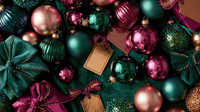 Teal bows colorful Christmas baubles and blank kraft tags fill rich festive background