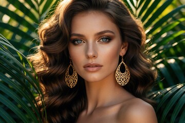 Naklejka premium Beautiful young brunette woman wears gold jewelry, elegant evening make up. Model poses with luxury earrings, wavy hair in tropical garden. Glamour portrait shows attractive female face with blue