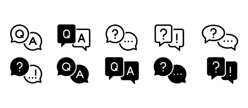 Question And Answer Icon Set. Chat, Speak Bubble, Q And A, Ask, Support, Dialog, Help Center Symbols. Isolated on Transparent Background. Vector Illustration.