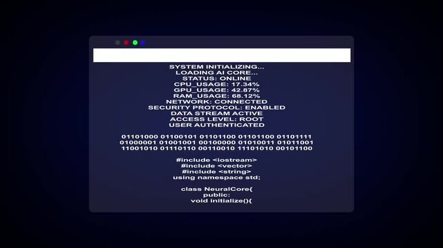 Computer screen animation displays system startup data. Binary code initialization runs across computer screen animation. Terminal loading status monitors on screen.