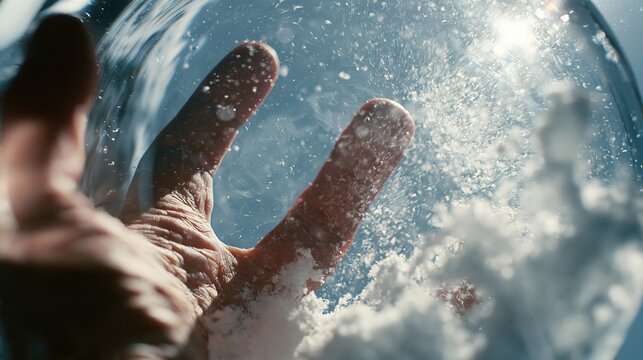 Open hand reaches toward swirling snow inside transparent glass sphere