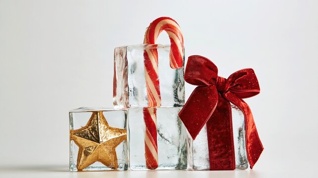 Frozen Christmas cubes display candy cane gold star and red velvet bow