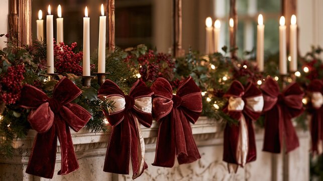Burgundy velvet bows candles and evergreen garland decorate elegant Christmas mantel