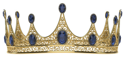 Ornate golden crown with blue oval gemstones, isolated on transparent background © helion
