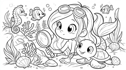 Fototapeta premium Young Mermaid Exploring Coral Reef Children’s Coloring Page