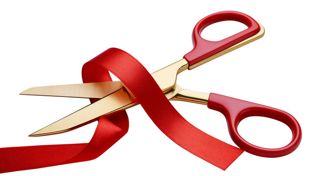 Red ribbon being cut by golden scissors, isolated on transparent background
