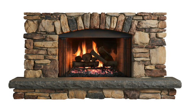 Rustic stone fireplace with burning logs and arched opening, isolated on transparent background