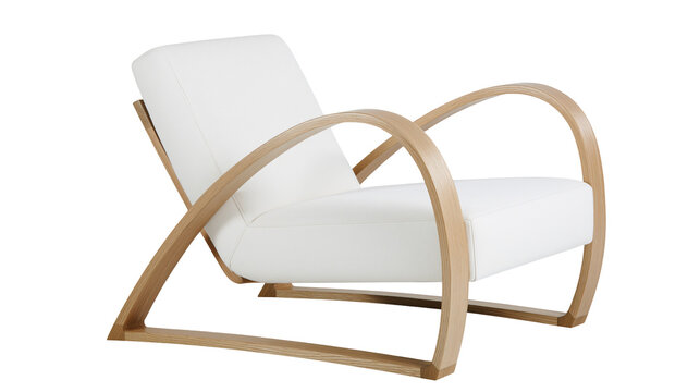 Modern white armchair with curved light wood frame, isolated on transparent background