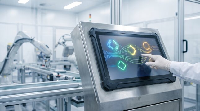 Technician using industrial control panel touchscreen in automated high-tech factory