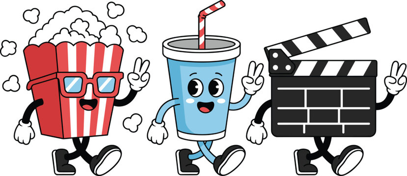 Animated popcorn soda and clapperboard characters celebrating with peace signs during a movie night concept