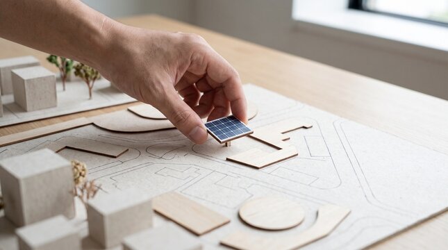 Architect places a miniature solar panel onto a wooden urban model city plan for sustainable design