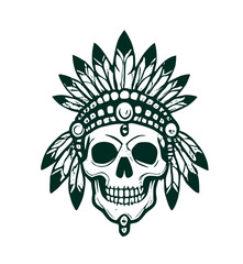 Fototapeta premium Solid Dark Green Spooky Halloween Tribal Skull with Feathered Headdress Vector Icon Representing Cursed History Graphic Design Assets