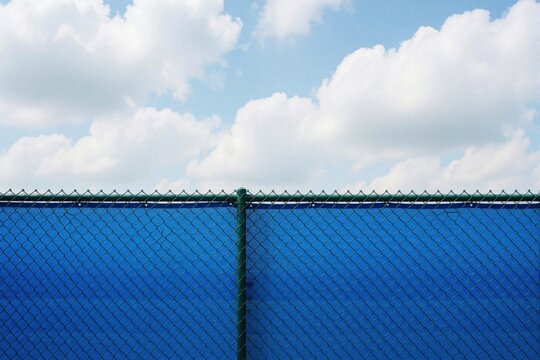 Green wire mesh fence with blue privacy screen stands against cloudy sky. Metal chain link barrier provides windbreak, security. Outdoor boundary protection installed at sports court garden. Blue