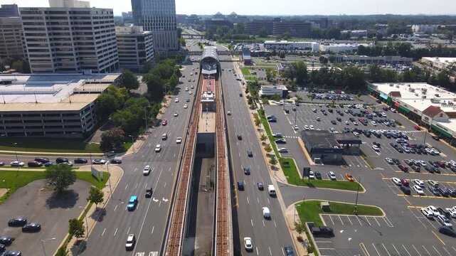 Elevated metro station anchors a Tysons transportation corridor in this 4K drone video.