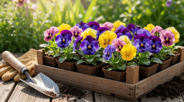 Colorful pansy seedlings grow in coco peat pots inside wooden tray. Gardening tools like trowel, gloves lie on wooden table. Spring planting preparation for home flower garden. Close up view of