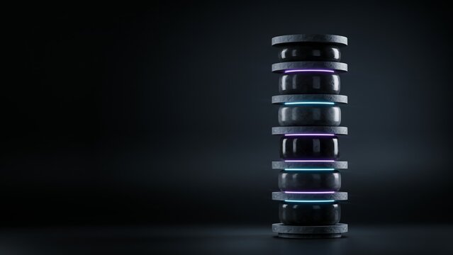 Abstract futuristic server tower with glowing blue and purple neon rings
