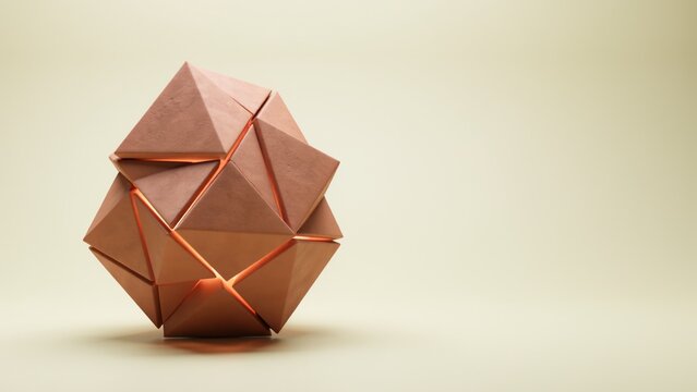 Abstract geometric object composed of terracotta triangular panels with glowing internal orange light
