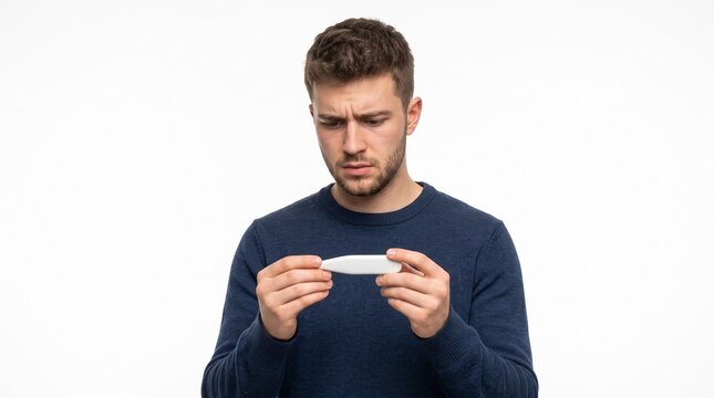 Young man with worried expression holding a pregnancy test kit against a white background