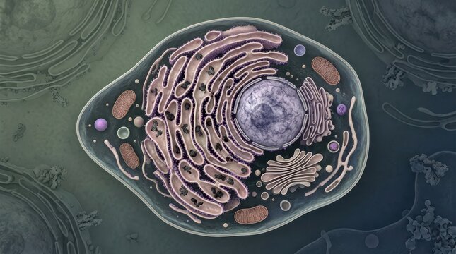 Animal cell endoplasmic reticulum stress overhead cross section render with expanded rough ER, ribosomes, nucleus and mitochondria in muted teal tones