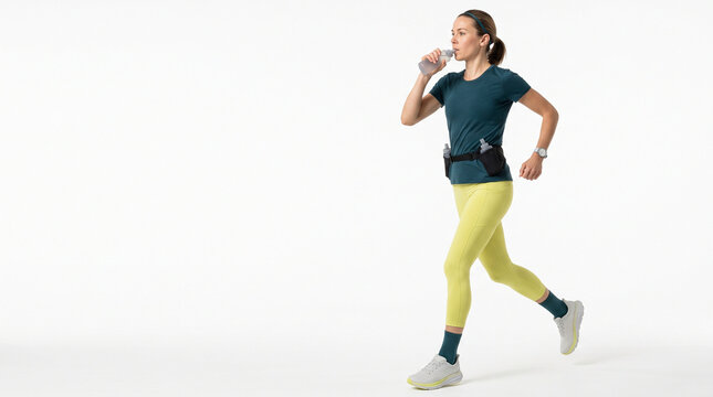 Female athlete running with water bottle in sportswear and sneakers  