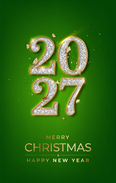 Golden 3D numbers 2027 on green background. Happy New Year 2027 festive metallic luxury banner. Happy New Year and Merry Christmas greeting card.