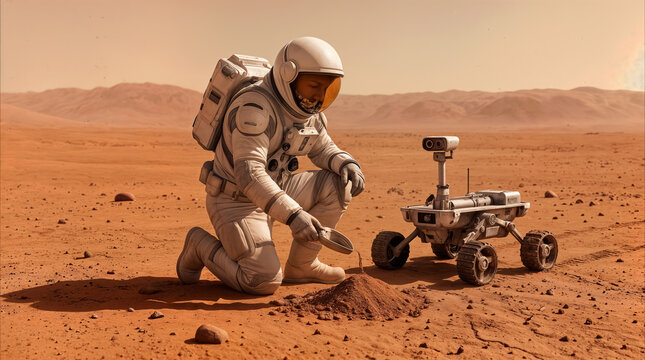 Space explorer kneeling on red planet surface to collect soil samples next to robotic rover. Concept of interplanetary mission and extraterrestrial research on Mars-like landscape.