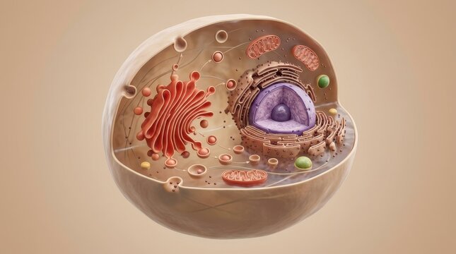 Detailed animal cell cross-section 3D illustration showing vesicle transport, Golgi apparatus, nucleus, mitochondria and endoplasmic reticulum on beige