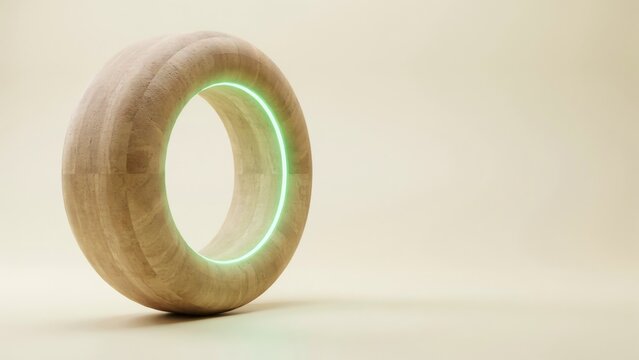 Abstract wooden torus shape with a glowing neon green inner ring